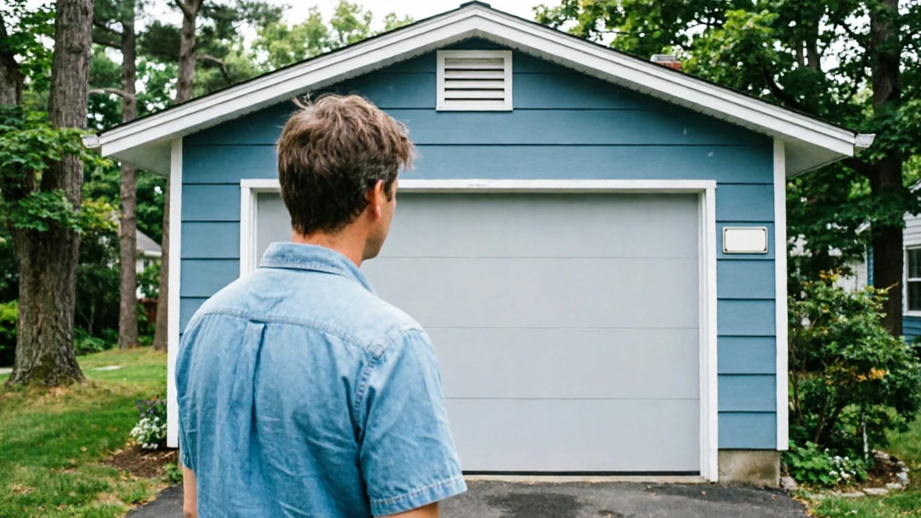 A man in a blue shirt stands facing a blue garage with a gray door.