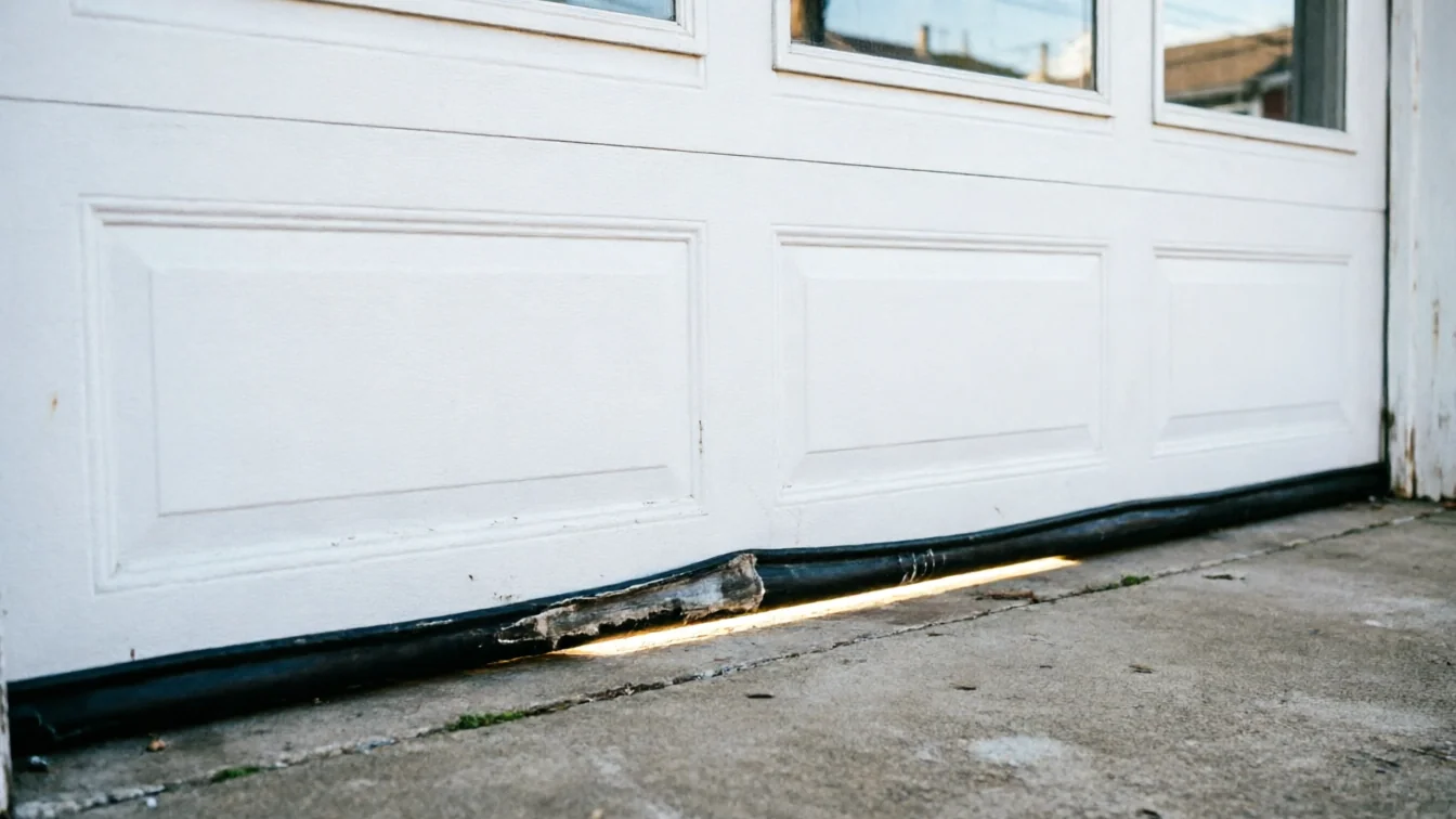 The white garage door has a damaged bottom seal with light showing underneath.
