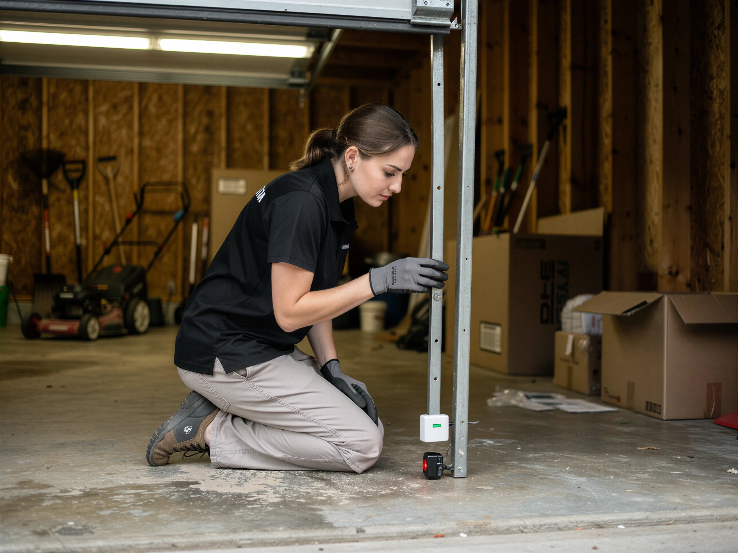 A technician kneels, adjusting the garage door safety sensors on the track.