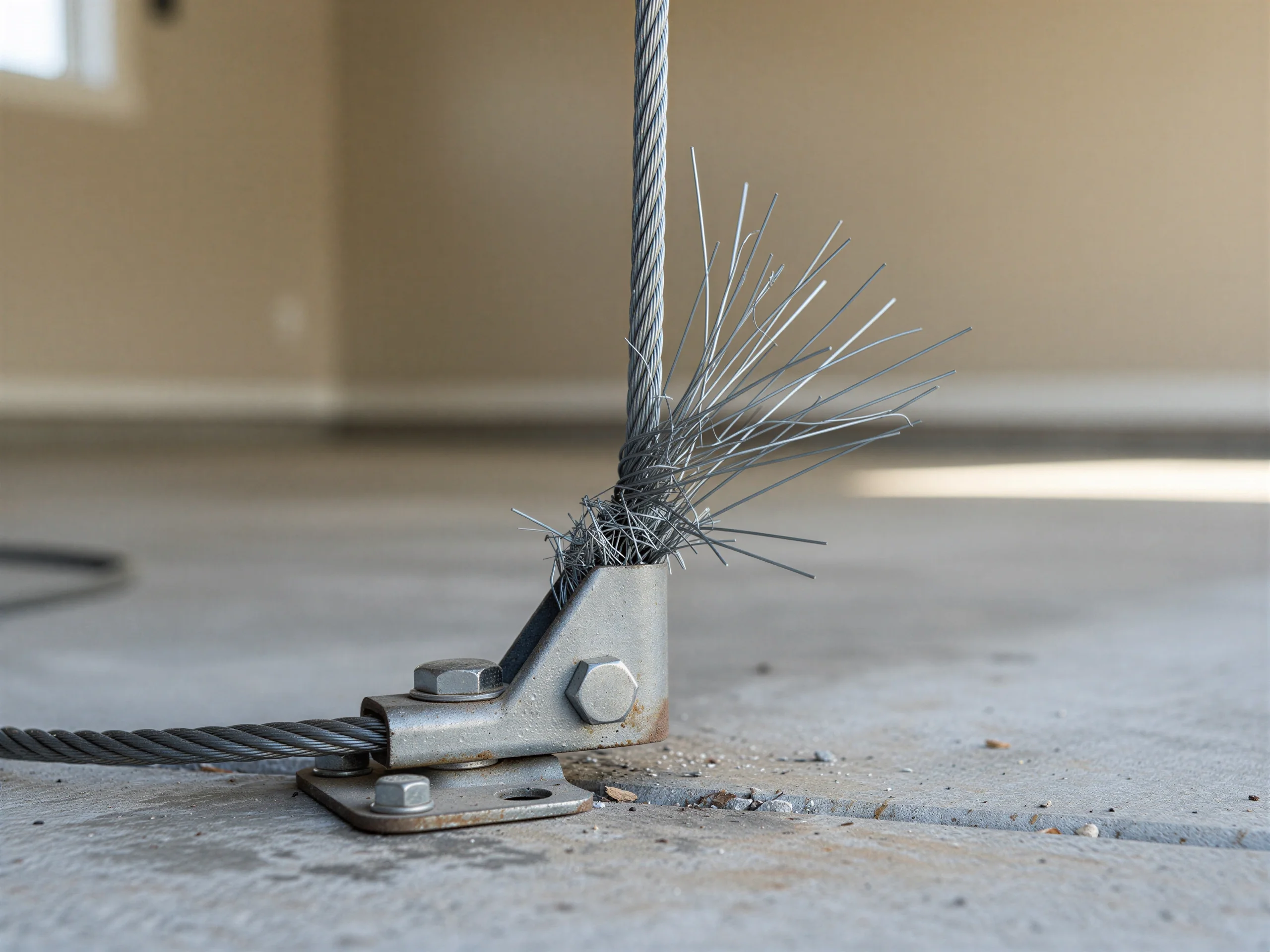 A frayed garage door cable is attached to a bracket on the concrete floor.