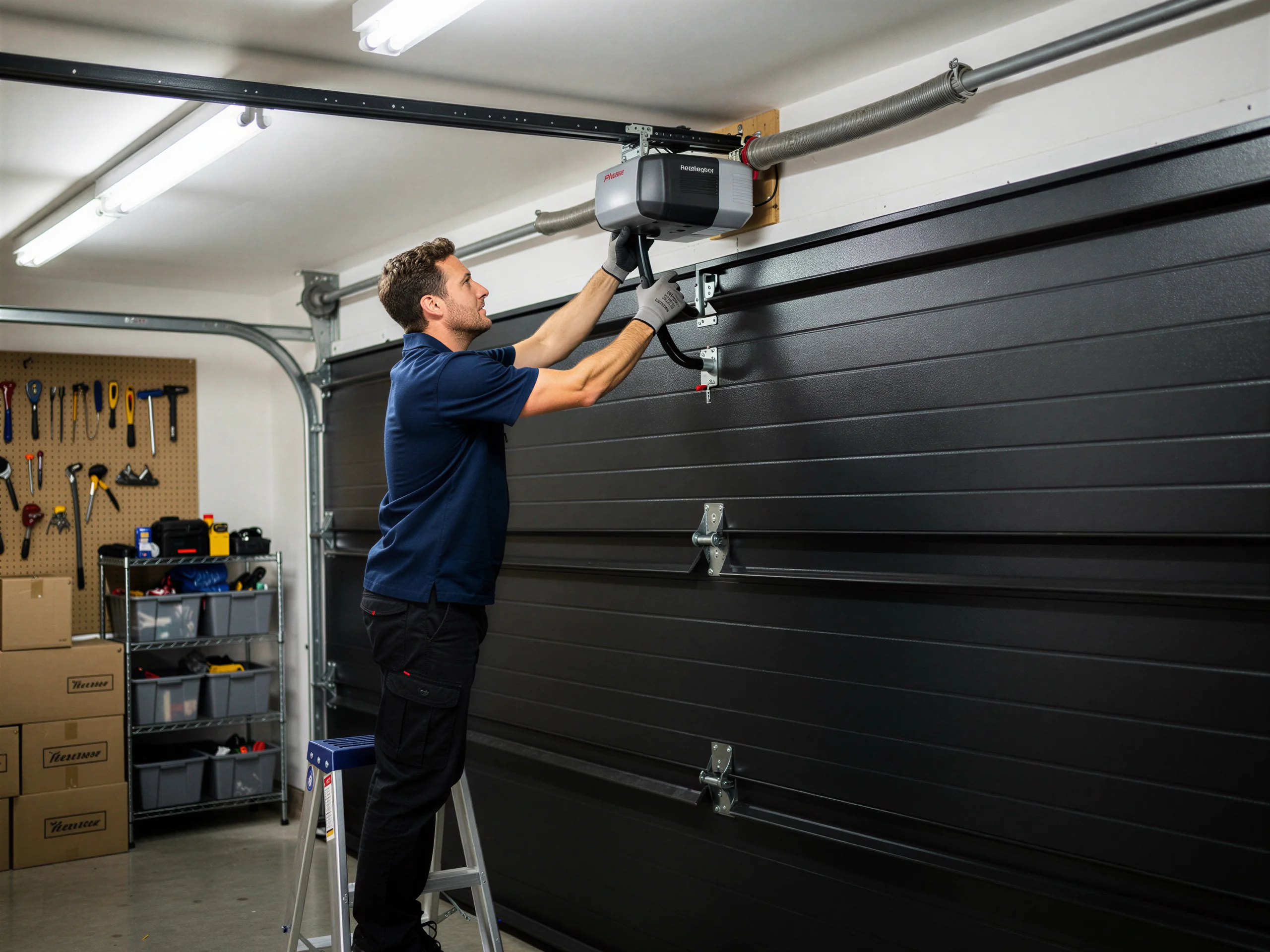 A technician on a ladder installs a garage door opener above a black garage door.