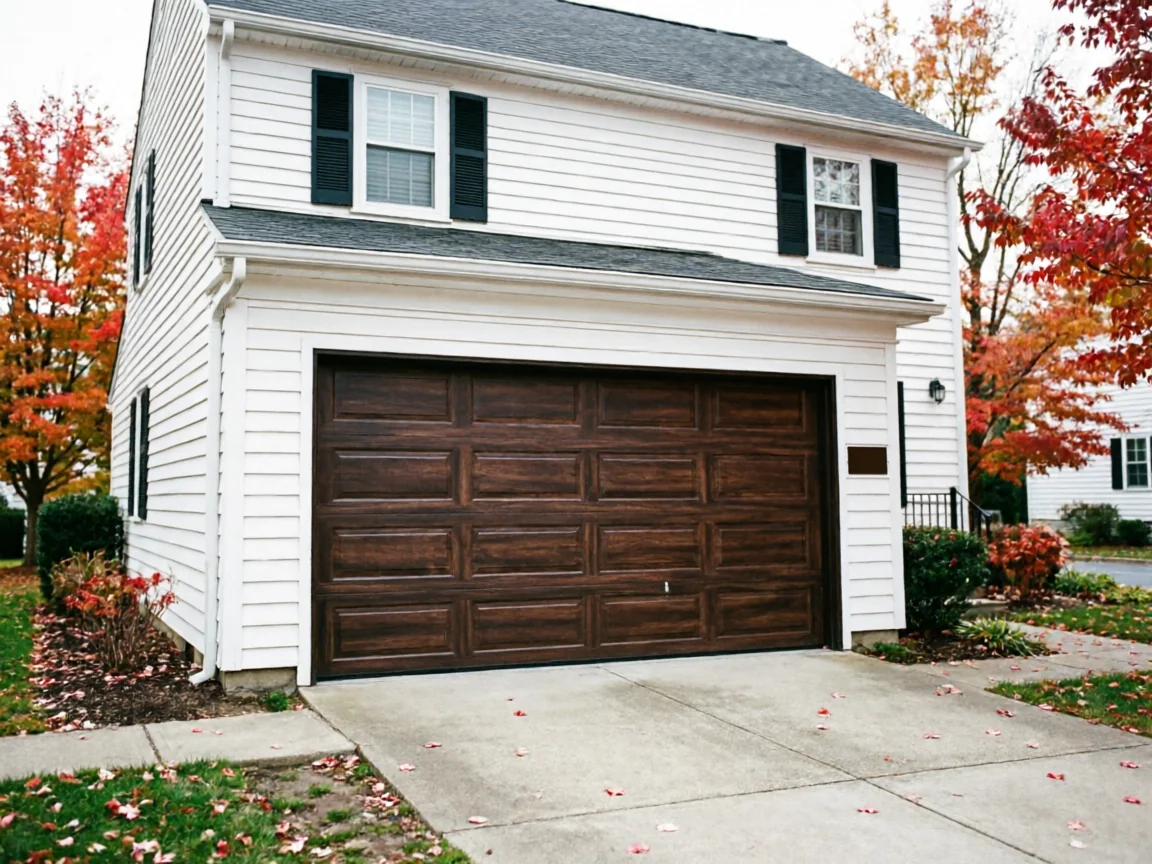 A white house with a dark brown garage door and red autumn trees.