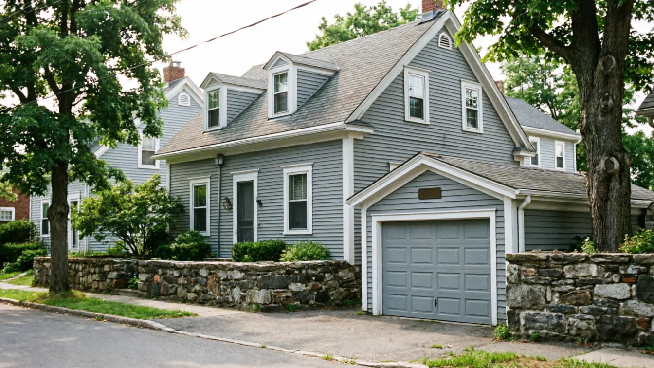 A gray house with a gray garage door is behind a stone wall.